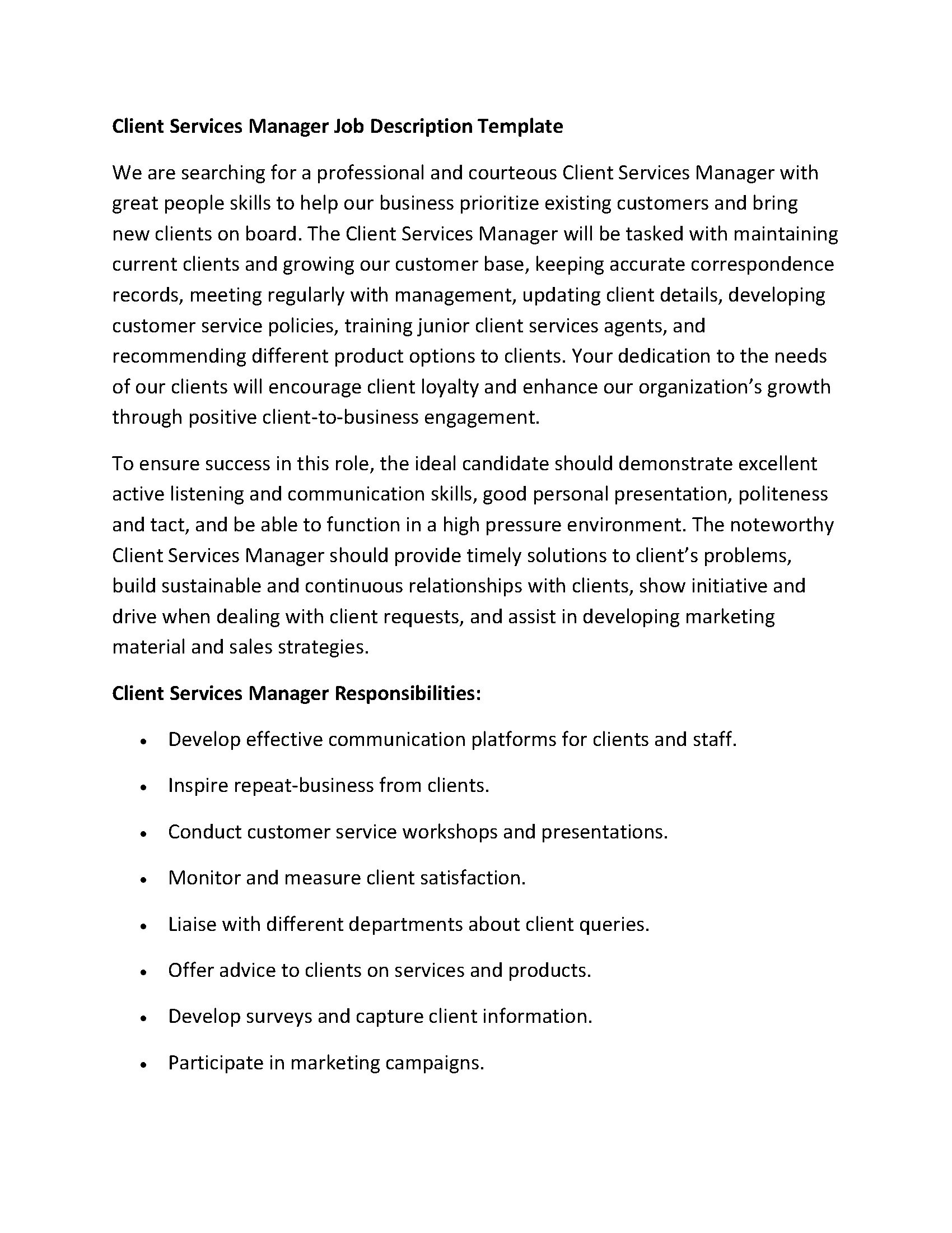 Client Services Manager Job Description Template